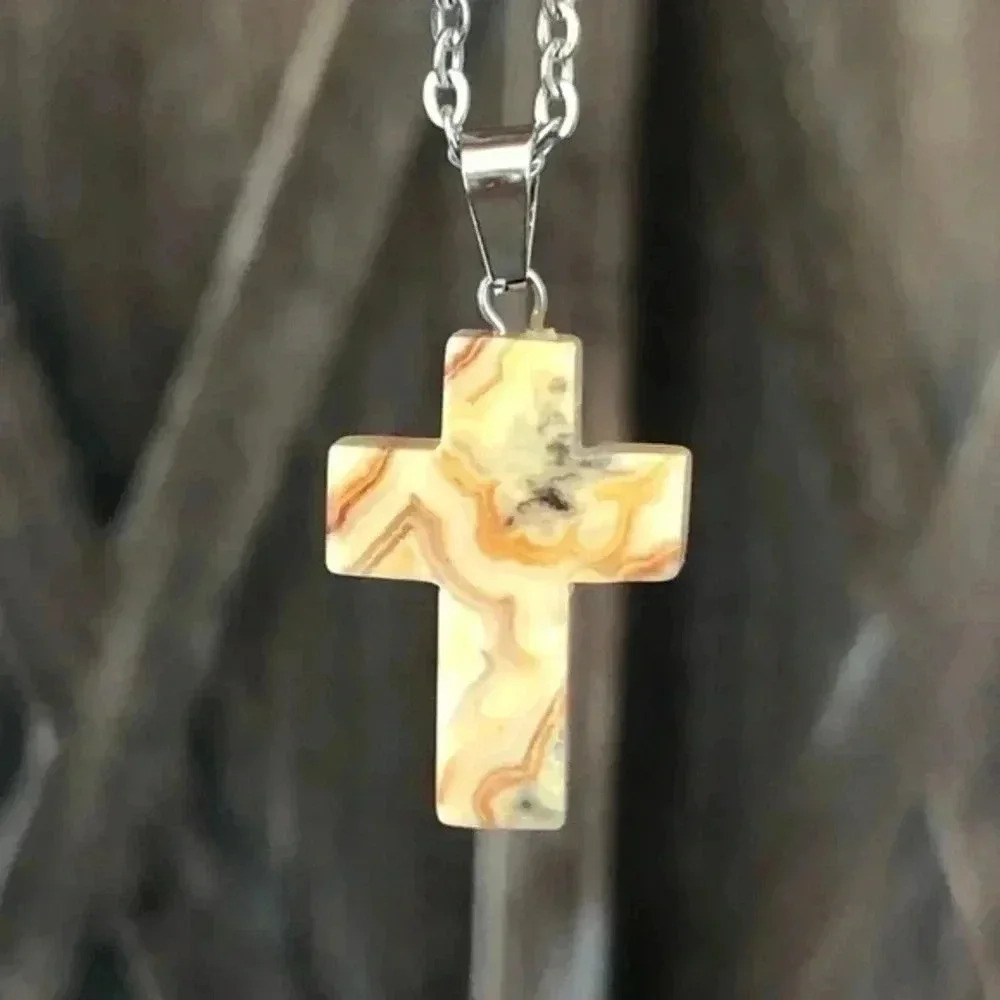 Crazy Lace Agate Cross Natural Stainless Steel Necklace NWT